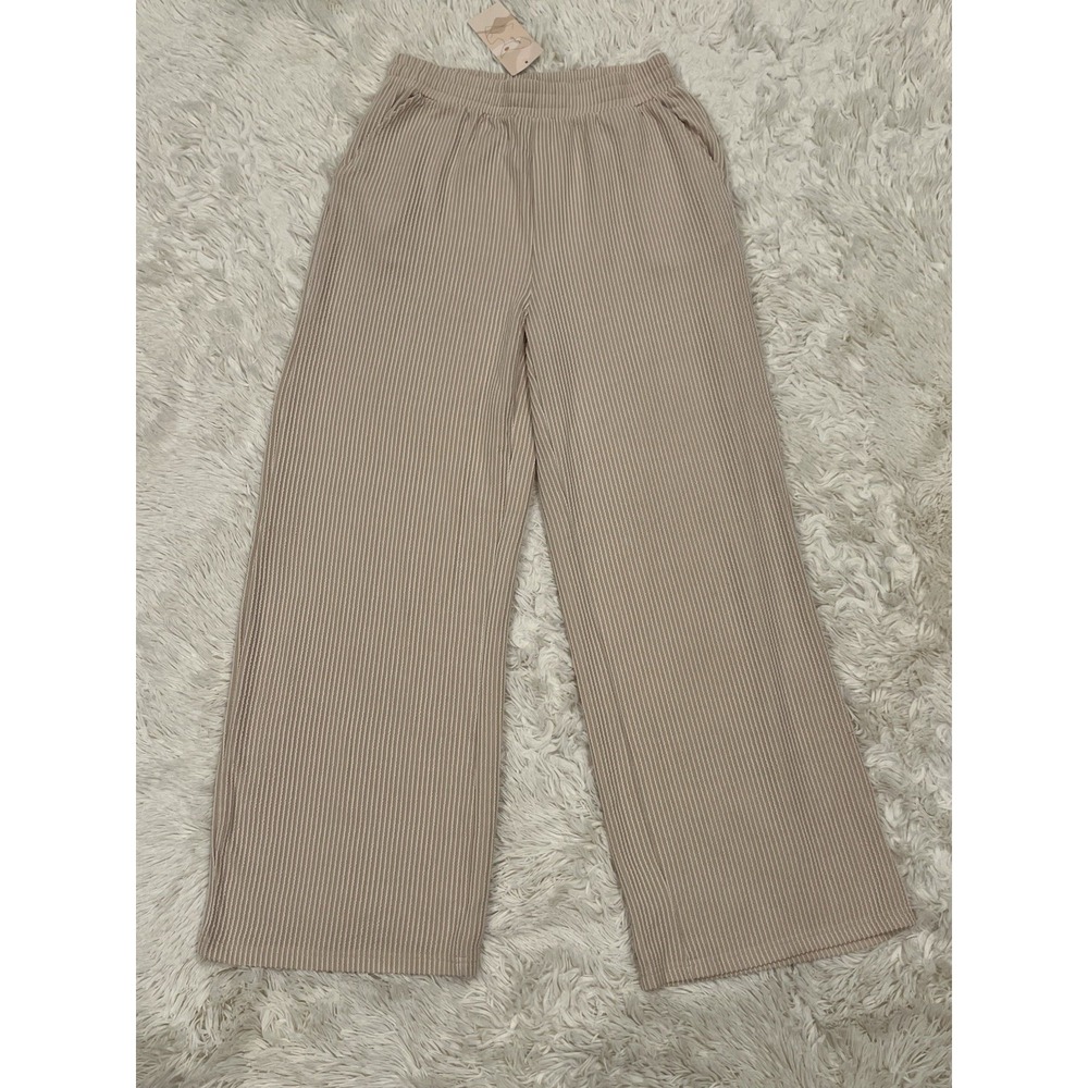 New BTFBM Fashion Women's Ribbed Wide Leg Pants Medium Tan Cream Pockets Elastic